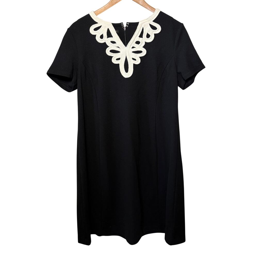 Talbots NWT Dress Black Ribbed Knit White Lace Embroidered Neckline Sheath X/12W